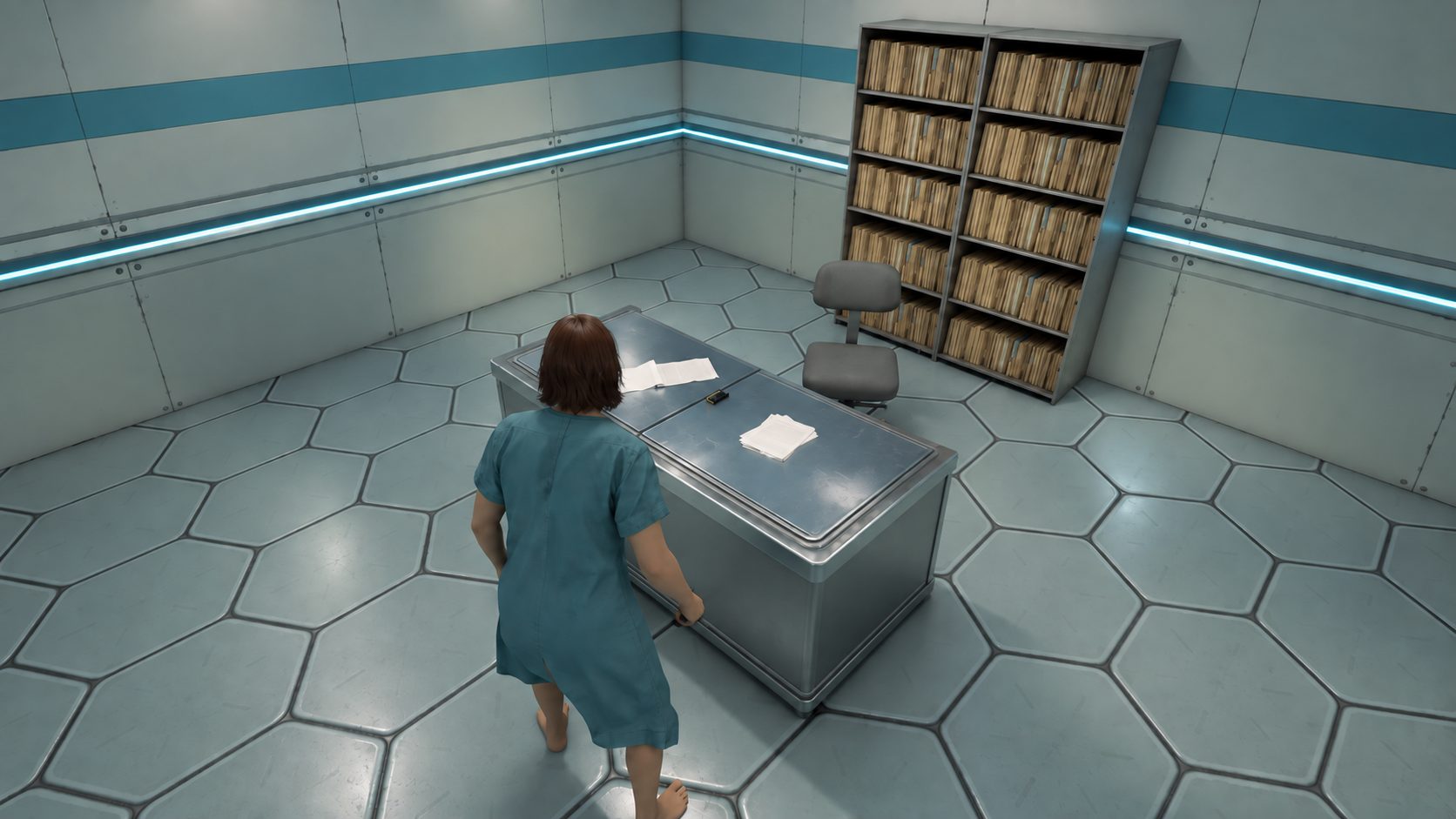 In engine: Zaven standing at a steel desk in a records room, papers and a recorder on the desk and a full filing cabinet behind it.