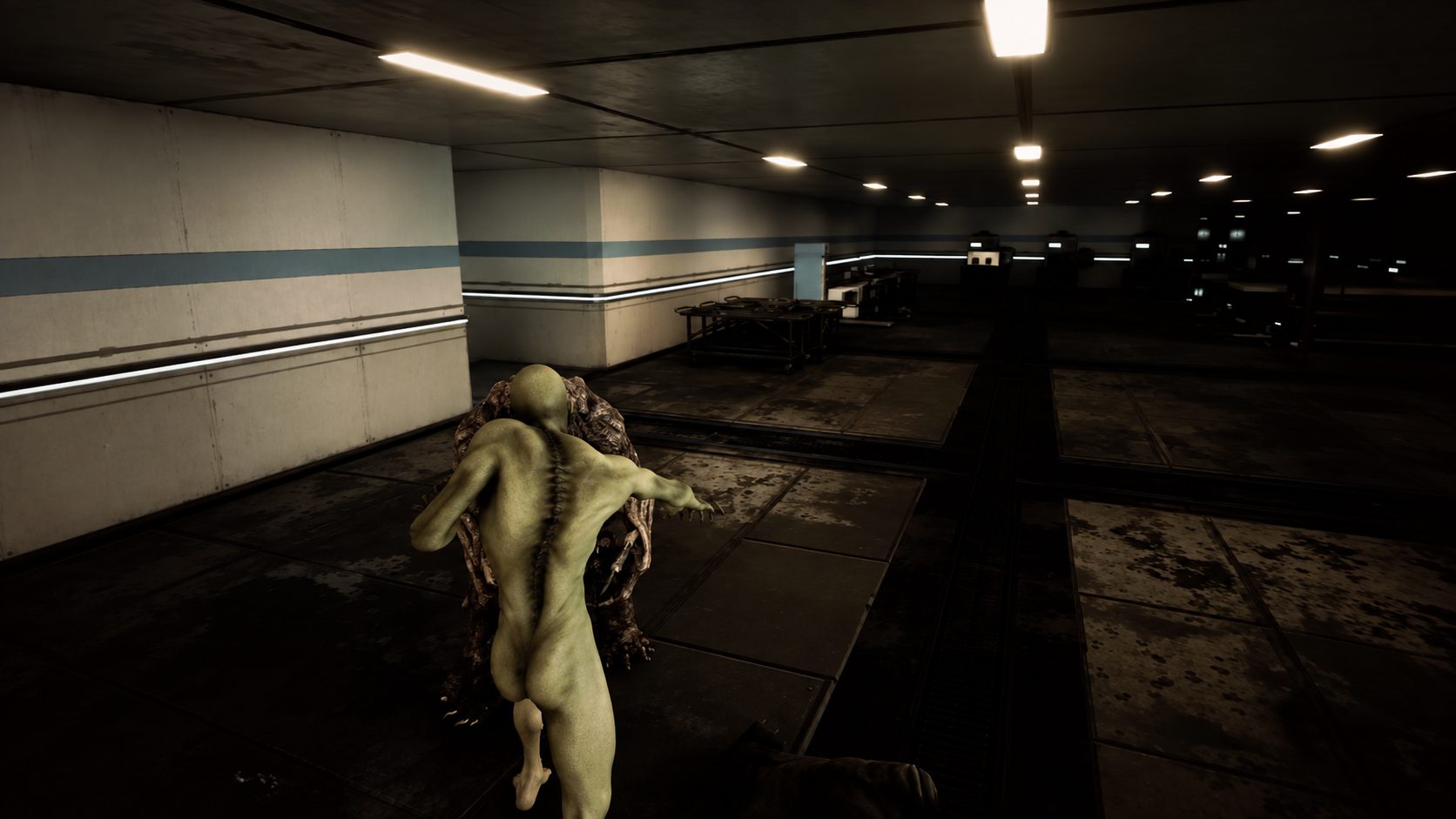 In engine: Zaven in his monster form, seen from behind, moving through a lit underground hall.