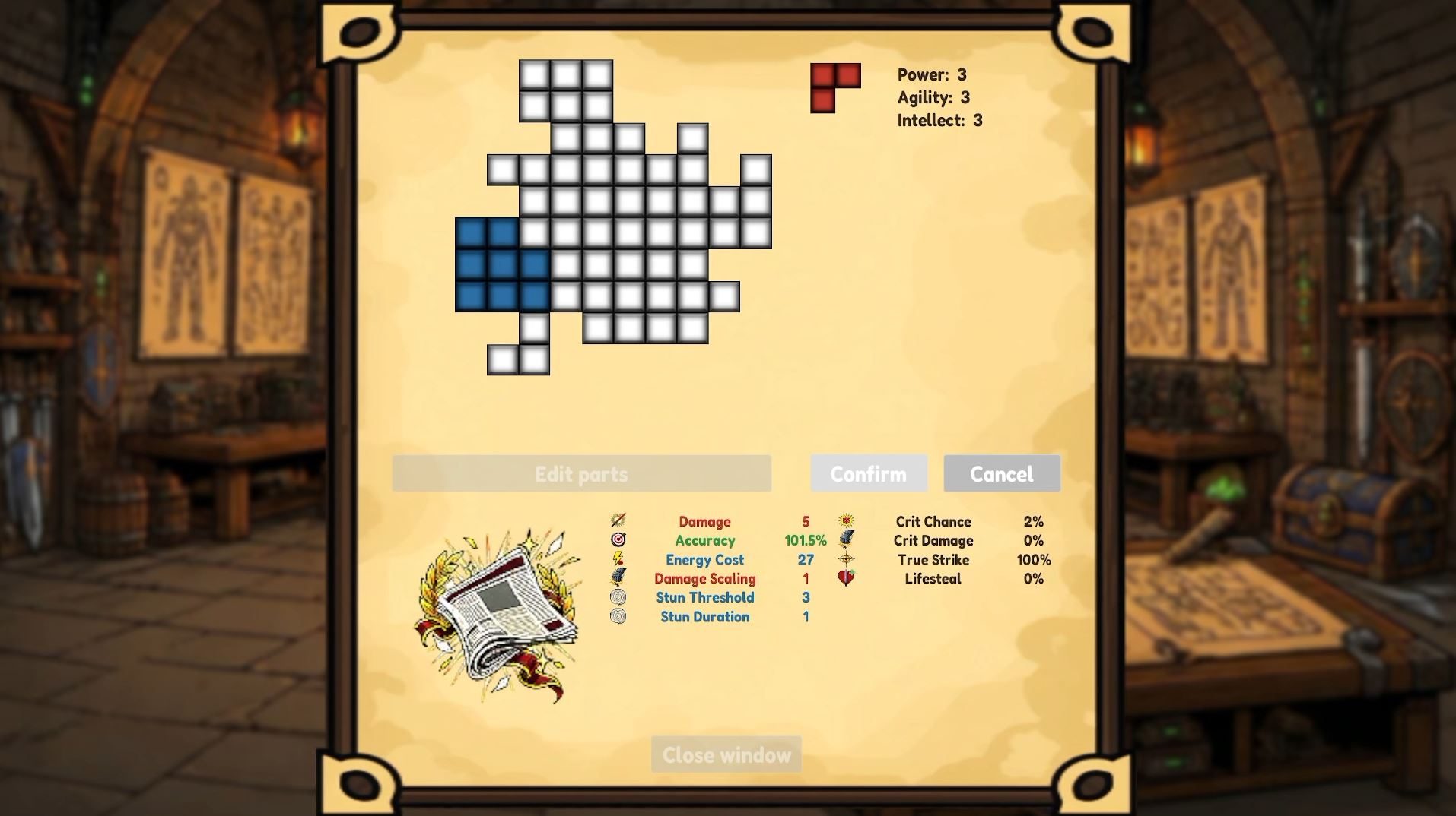 The ability screen: the same style of grid with one blue part placed on it, and the ability's damage, accuracy, energy cost, stun threshold and critical values listed below.
