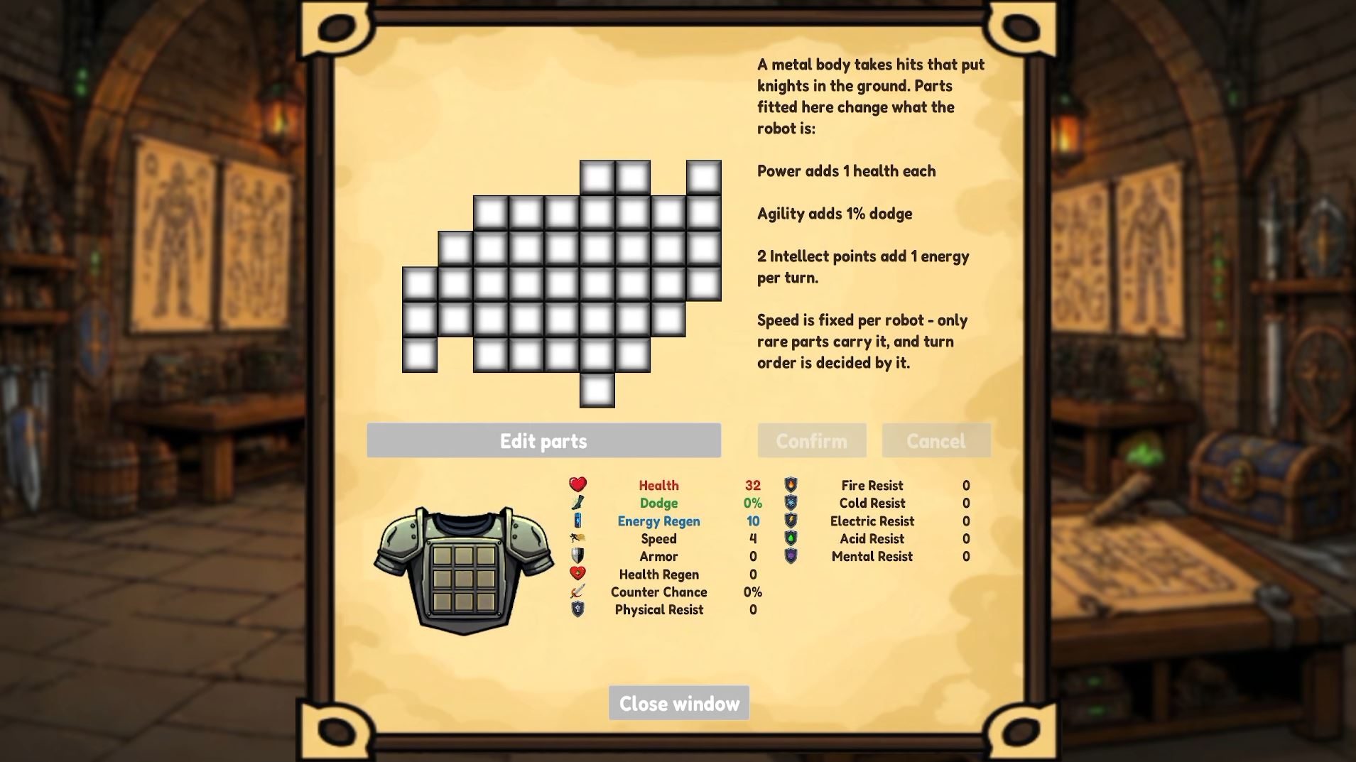 The chassis screen: a body shaped grid of empty cells, with power, agility and intellect explained beside it and the robot's health, dodge, energy regeneration and resistances listed below.