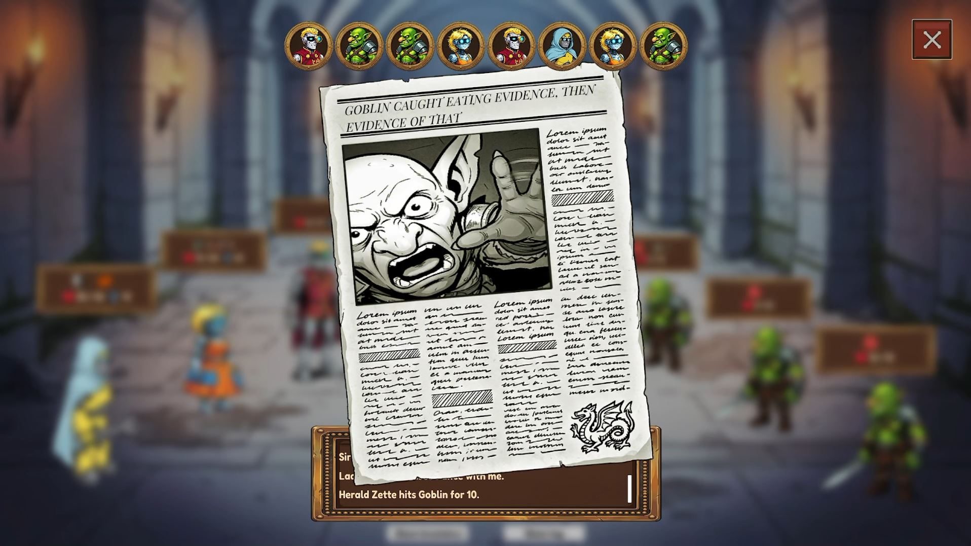 Herald Zette's finisher: an in game newspaper front page fills the screen, headlined GOBLIN CAUGHT EATING EVIDENCE, THEN EVIDENCE OF THAT, with a photograph of the goblin it was used against.