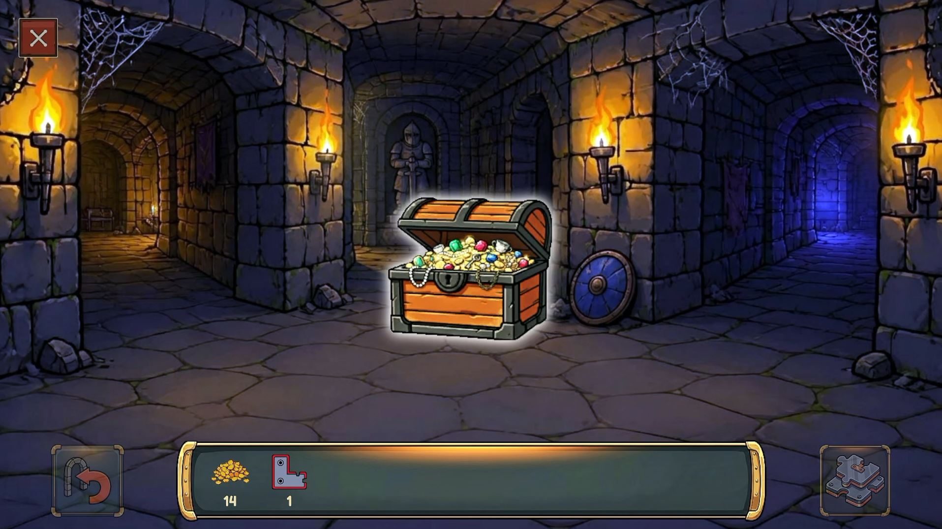 A torchlit dungeon junction. A panel asks which of two ways the party will take, describing each one only by what can be observed.