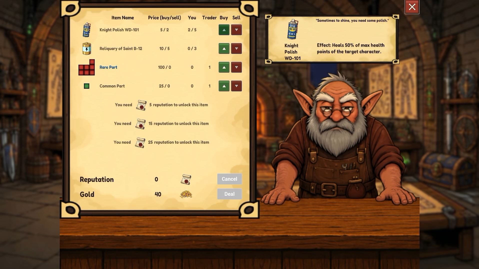 The trader screen: an elderly merchant behind a counter, with a list of items showing buy and sell prices, quantities, and locked rows naming the reputation needed to unlock them.