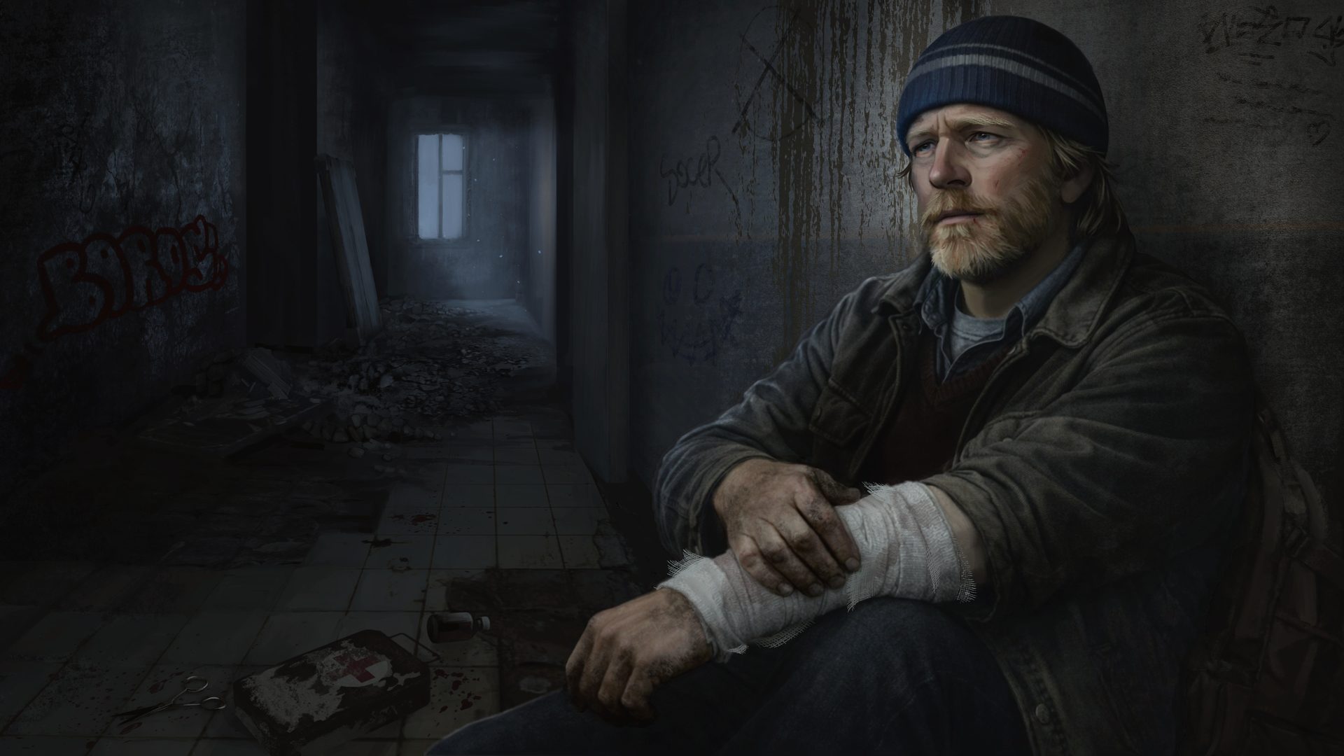 Concept art: Anders sitting against a corridor wall, one forearm bandaged, a first aid kit open on the floor.