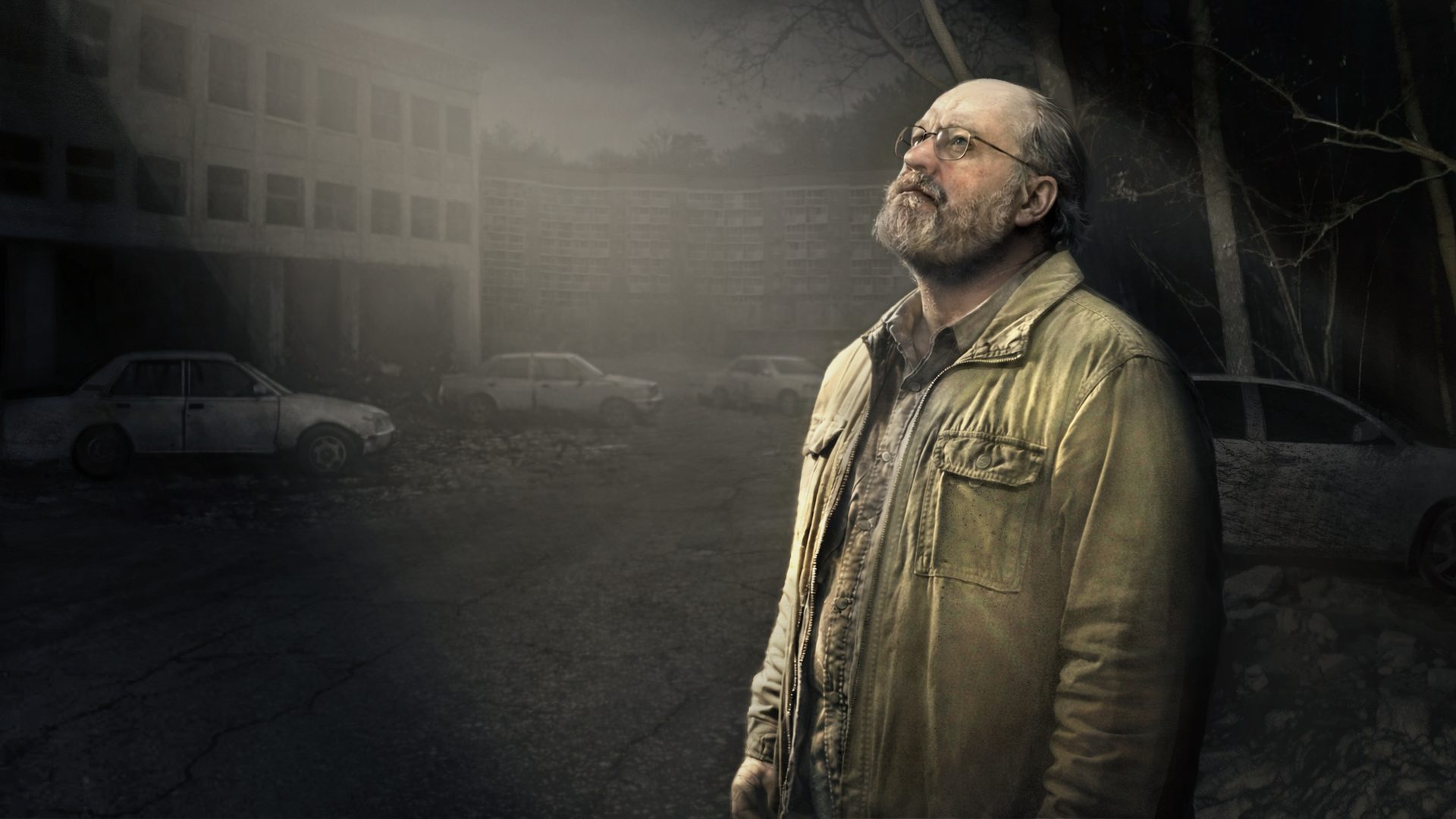 Concept art: Edward, an older man in glasses, looking up at the housing blocks above a car park.