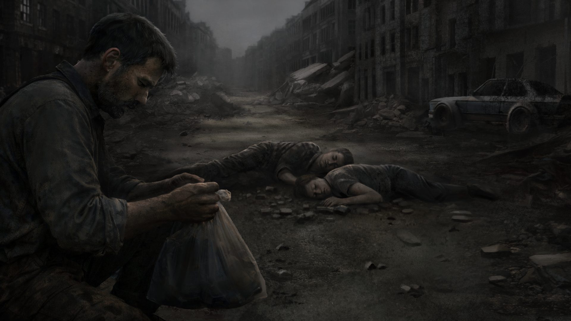 Concept art from Witnesses of War: Thomasz crouched with a scavenged bag in a ruined street, two bodies lying behind him.