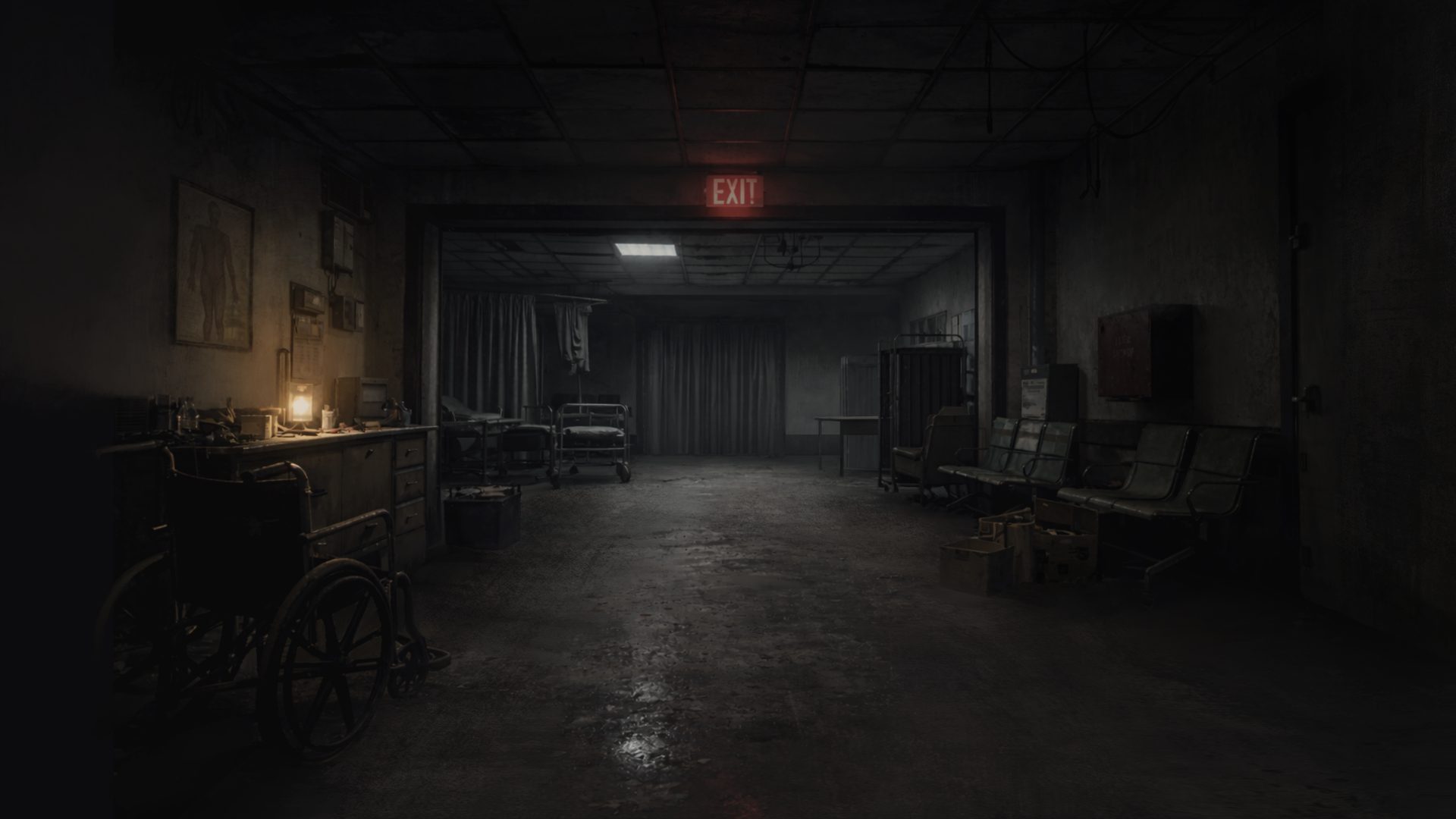 Concept art: an abandoned clinic, a wheelchair in the foreground and a lit exit sign at the far end.