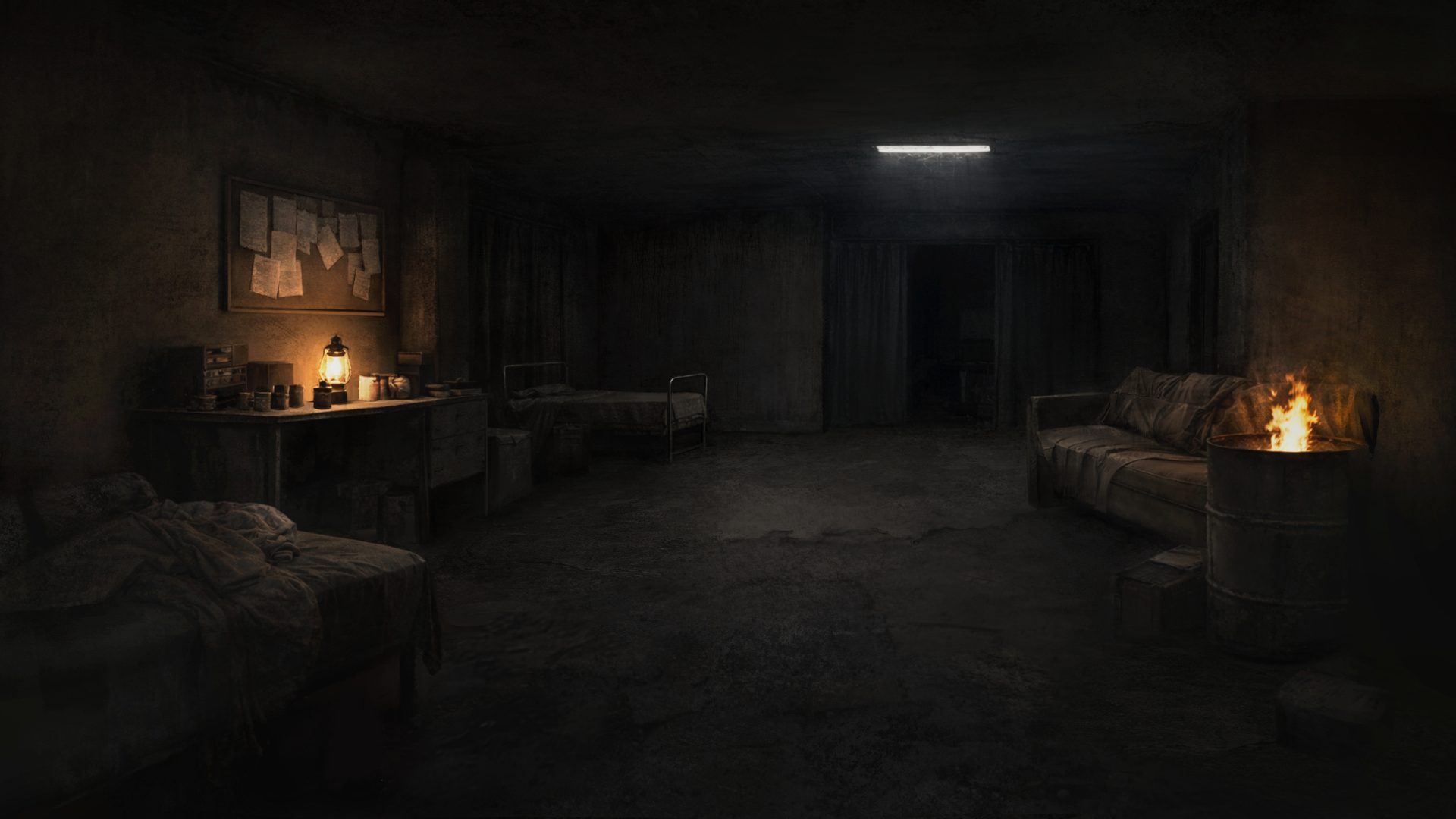 Concept art: a shelter interior at night, lit by a lantern and a fire burning in a barrel.