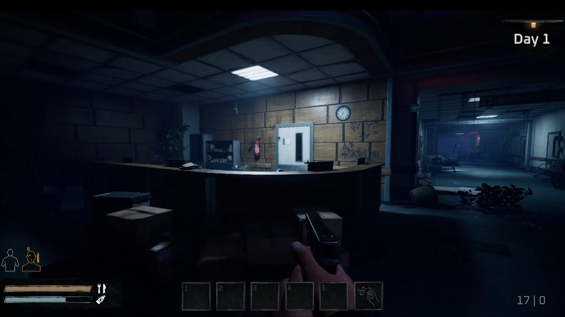 In engine: a darkened reception area seen over a drawn pistol, boxes stacked against the counter.
