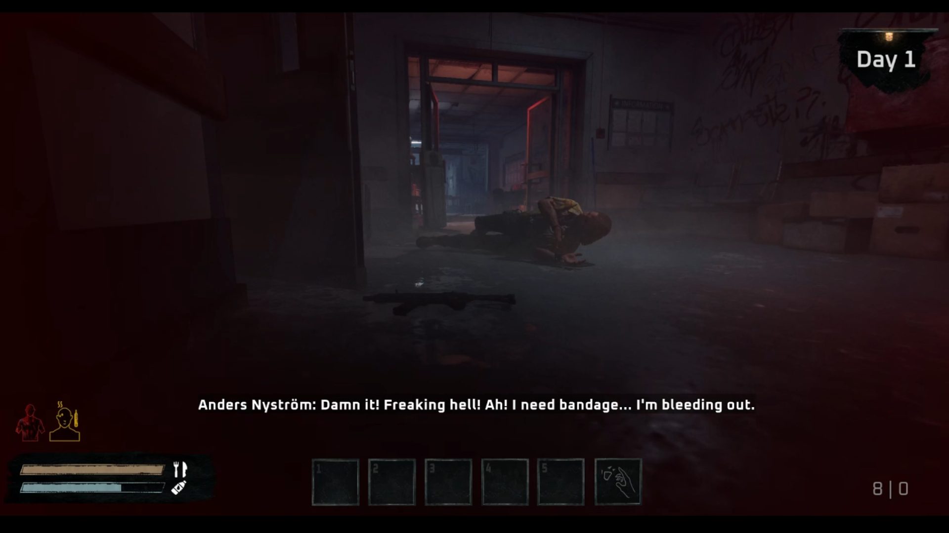In engine: Anders Nystrom on the floor of a warehouse, bleeding and asking for a bandage.