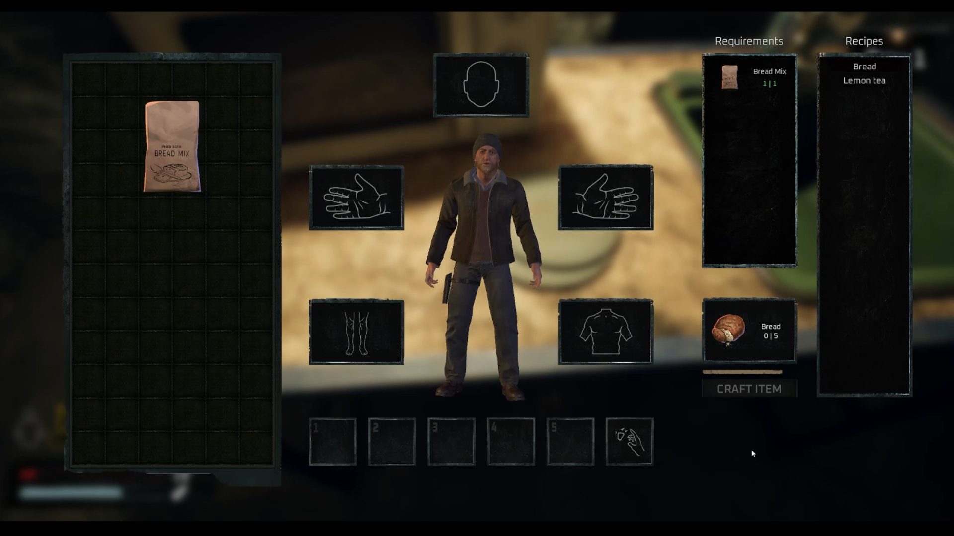In engine: the crafting screen, a bread recipe with its requirements listed.