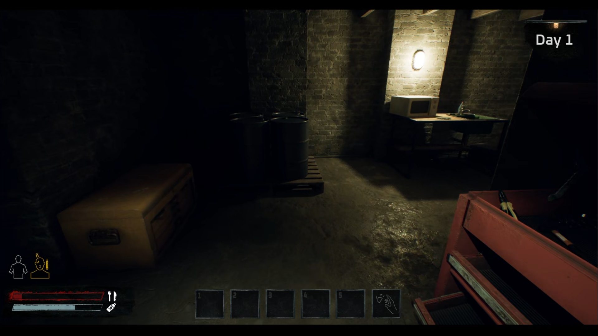 In engine: the shelter, a brick basement with barrels, a crate, a workbench and a hotplate under one lamp.