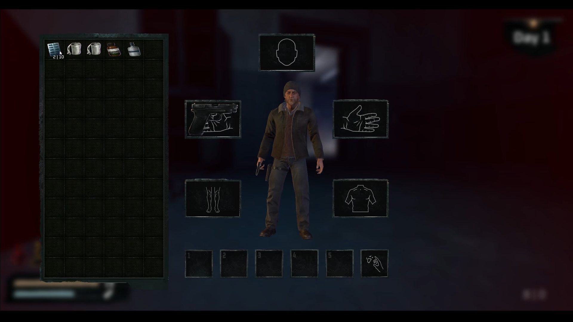 In engine: the inventory and equipment screen, medicine and bandages in the top row.