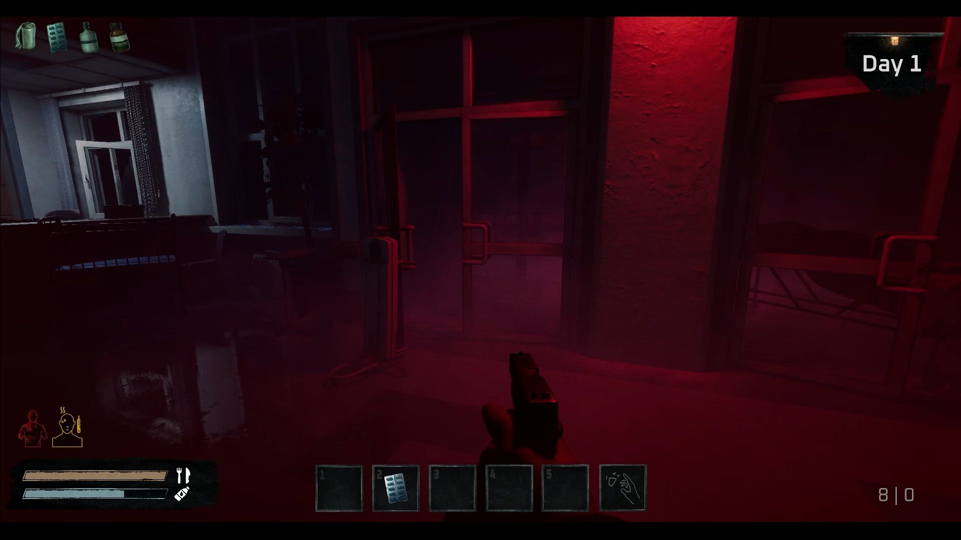 In engine: a clinic corridor washed red by emergency lighting, seen over a drawn pistol.